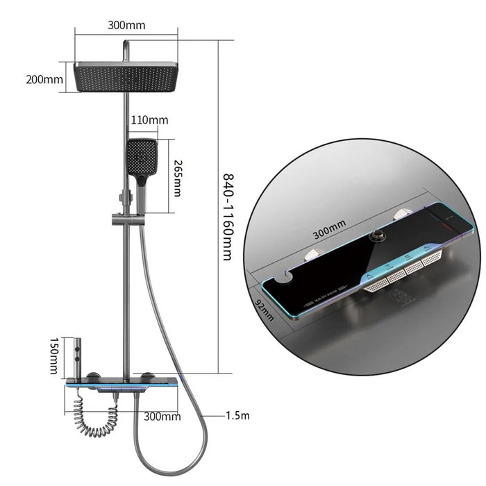 ( طلب مسبق )  شاور سيستم بيانو 4 مخرج C جراي عامود دش بالخلاط ليد مضيئ بشاشة
