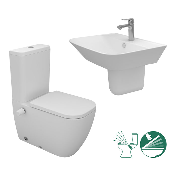 ( طلب مسبق )  طقم حمام ماجنوس قاعدة هيدروجيت كاملة ذاتي الغلق والحوض 65 سم بالعامود المعلق اللون ابيض من سانيبيور