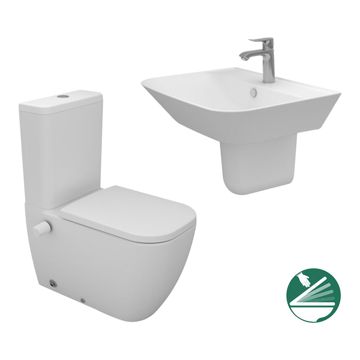 ( طلب مسبق )  طقم حمام ماجنوس قاعدة كاملة ذاتي الغلق والحوض 65 سم بالعامود المعلق اللون ابيض من سانيبيور