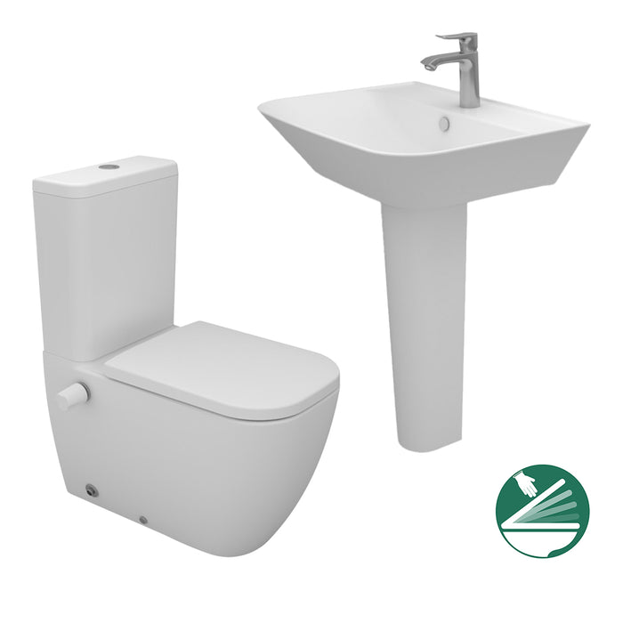 ( طلب مسبق )  طقم حمام ماجنوس قاعدة كاملة ذاتي الغلق والحوض 65 سم بالعامود الطويل اللون ابيض من سانيبيور