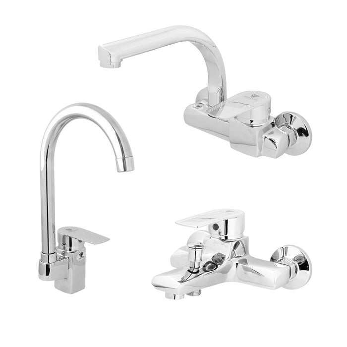 طقم خلاط 3 قطع دايموند بيراميدز DP كروم (خلاط حوض DP 01 وخلاط بانيو DP 02 وخلاط مطبخ حائطي DP 03)