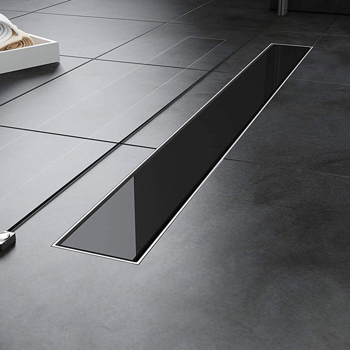 مجرى شاور بلاك جلاس بشفة VDL GB 105 استانلس ستيل 105 سم الوش زجاجي اسود بالصرف اللون كروم من بيورا