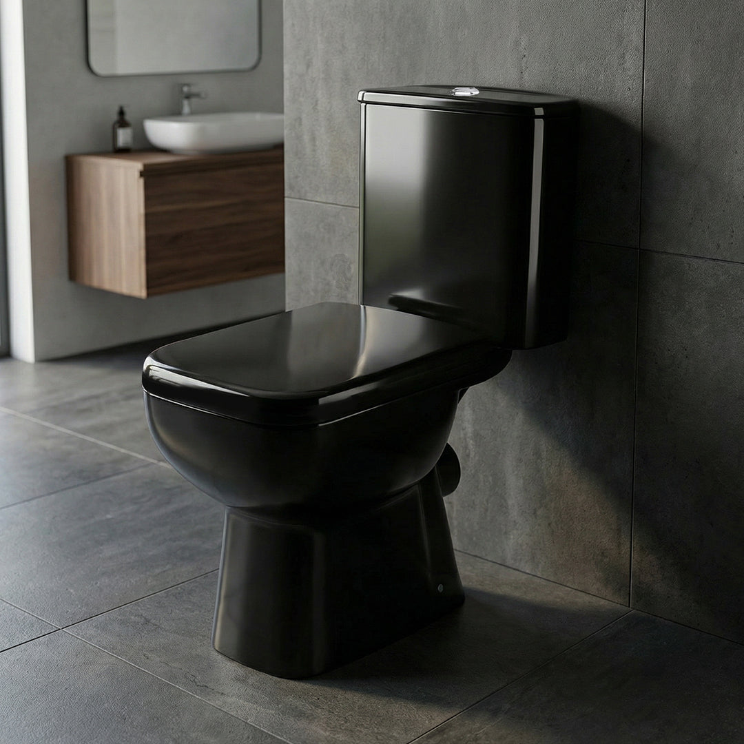 ( طلب مسبق )  مرحاض ميكافيت سيلينا اسود لامع بالشطاف الداخلي والسديلي والخزان بالعدة وطقم التثبيت