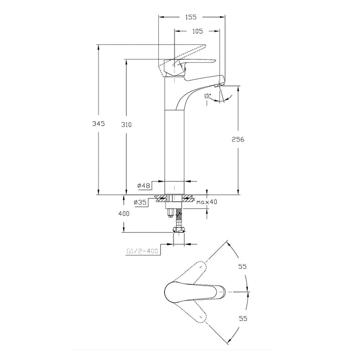 خلاط حوض عالى جلوبال ستاندرد ميرا بلس GSL 1041 B اسود مط ارتفاع 31 سم