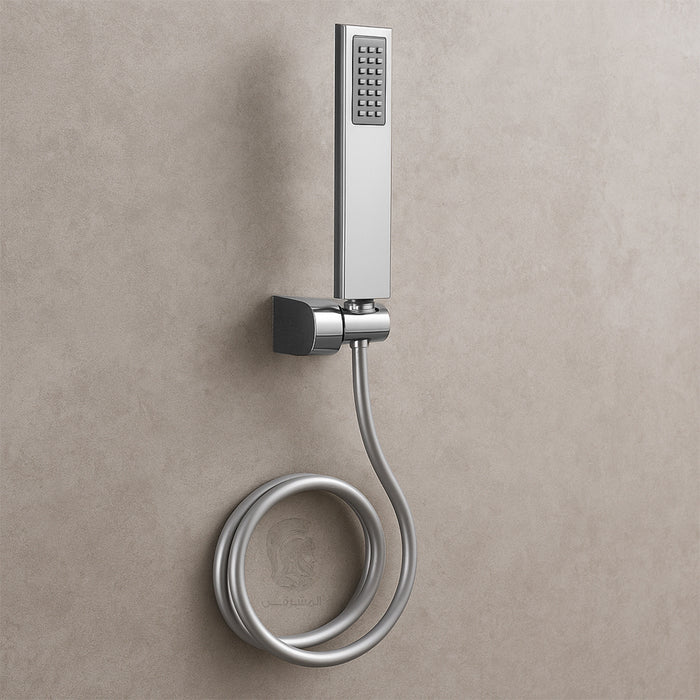 ( طلب مسبق )  مجموعة سماعة الفا مستطيل ACH 10 كروم خرطوم حراري 150 سم وعلاقة ومجموعة التثبيت