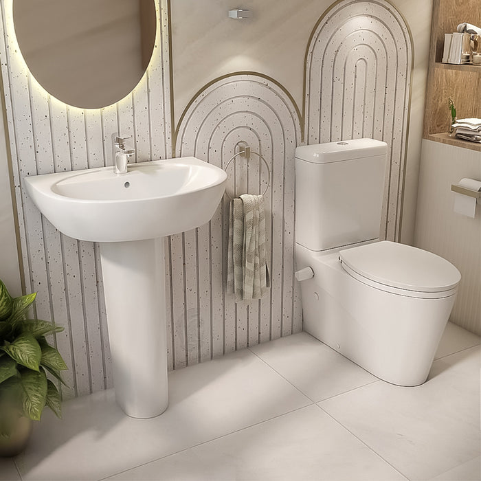 ( طلب مسبق )  طقم حمام ليسيكو جلاكسي ابيض ملاصق للحائط الحوض 60 سم بالعامود الطويل