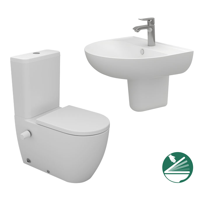 ( طلب مسبق )  طقم حمام فيجا قاعدة ملاصق سيديلي ذاتي الغلق والحوض 60 سم بالعامود المعلق اللون ابيض من سانيبيور