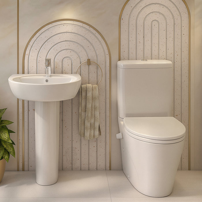 ( طلب مسبق )  طقم حمام ليسيكو جلاكسي ابيض ملاصق للحائط الحوض 60 سم بالعامود الطويل