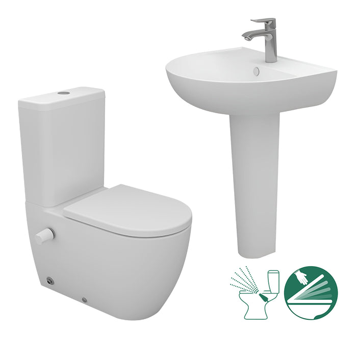 ( طلب مسبق )  طقم حمام فيجا قاعدة ملاصق هيدروجيت سيديلي ذاتي الغلق والحوض 60 سم بالعامود الطويل اللون ابيض من سانيبيور