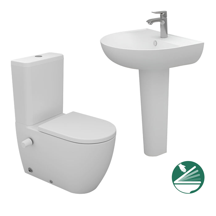 ( طلب مسبق )  طقم حمام فيجا قاعدة ملاصق سيديلي ذاتي الغلق والحوض 60 سم بالعامود الطويل اللون ابيض من سانيبيور