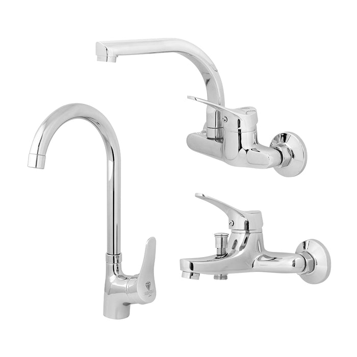 طقم خلاط 3 قطع دايموند ريد DR كروم (خلاط حوض DR 01 وخلاط بانيو DR 02 وخلاط مطبخ حائطي DR 03)