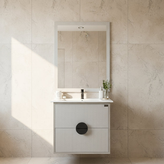 ( طلب مسبق )  وحدة حمام بالحوض والمراة دوفو الدو رصاصي كتان 60 سم خشب كونتر HPL درجين