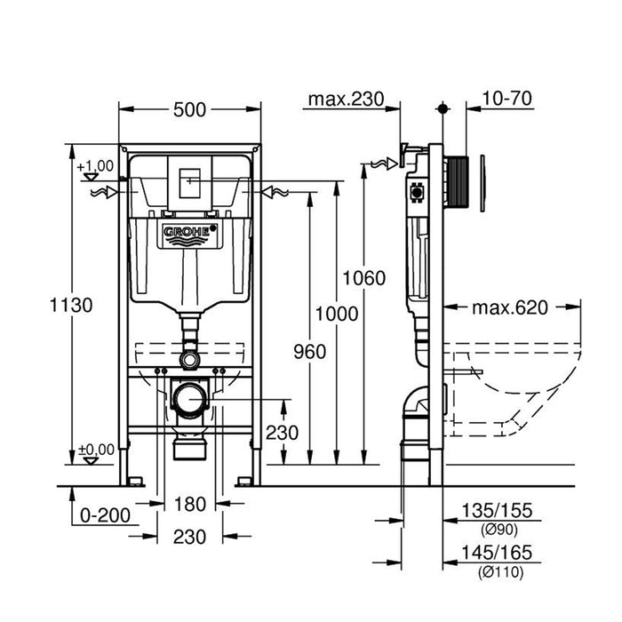 خزان دفن شاسية كامل جروهي 38772001 بالوش المربع لون كروم لامع شامل التثبيت