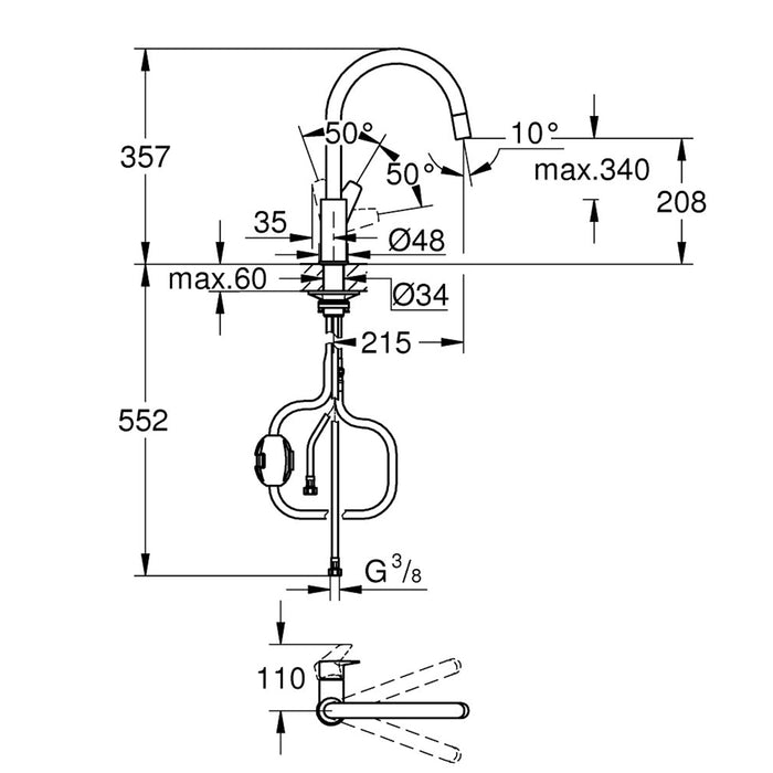 ( طلب مسبق )  خلاط مطبخ شداد باو ايدج 30536000 ارتفاع 36 سم بخرطوم وسماعة متحركة اللون كروم من جروهي