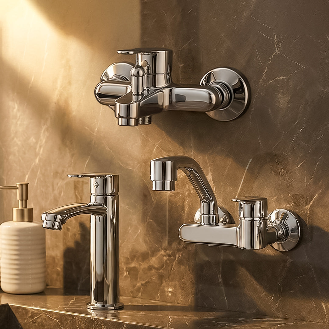 طقم خلاط 3 قطع سفنكس عبده حنفية ساير (خلاط حوض S7 وخلاط بانيو S1 وخلاط مطبخ حائطي S6) كروم