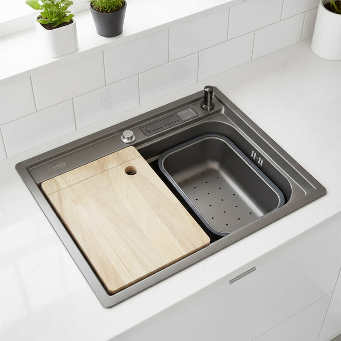 حوض مطبخ هاند ميد تركي SMG 6045 BG جراي 61 × 46 سم بمضخة صابون استانلس ستيل 304 بالكامل