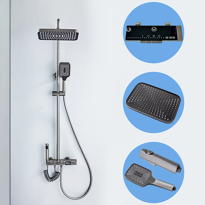 ( طلب مسبق )  شاور سيستم بيانو 4 مخرج الخلاط ليد مضيئ وشاشة 41038 عامود دش بالخلاط اللون جراي مستورد