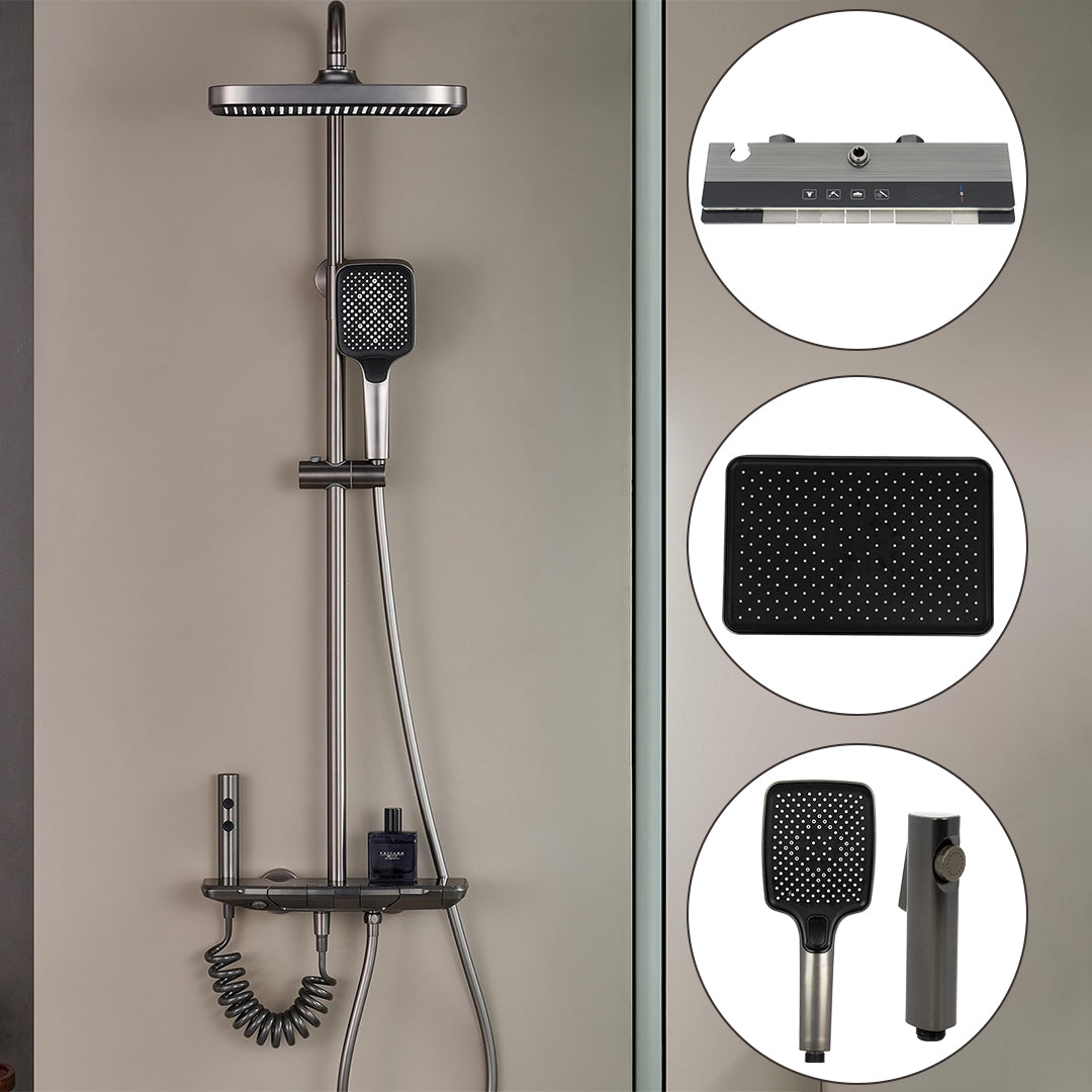 ( طلب مسبق )  شاور سيستم بيانو العمار ايروس 61 جراي × اسود 4 مخرج عامود دش بالخلاط شاشة ديجيتال واضاءة ليد