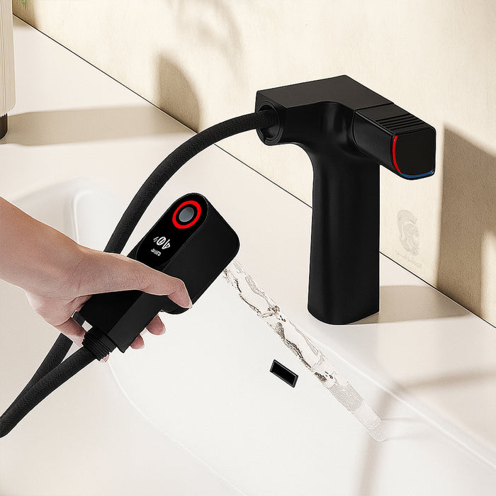 ( طلب مسبق )  خلاط حوض حمام وسط 6002 B اسود بشاشة ديجيتال وسماعة بخرطوم شداد 3 انظمة لنزول المياة