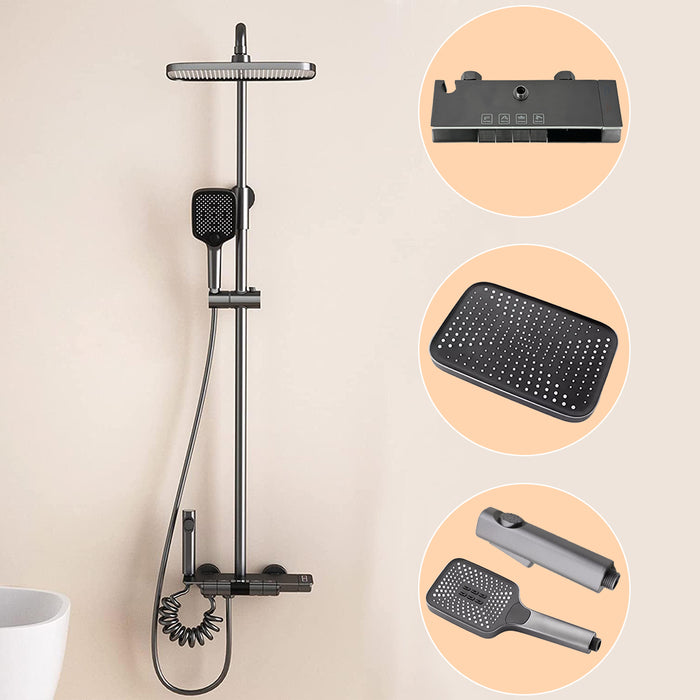 ( طلب مسبق )  شاور سيستم بيانو 4 مخرج الخلاط ليد مضيئ وشاشة 21072 عامود دش بالخلاط اللون جراي مستورد