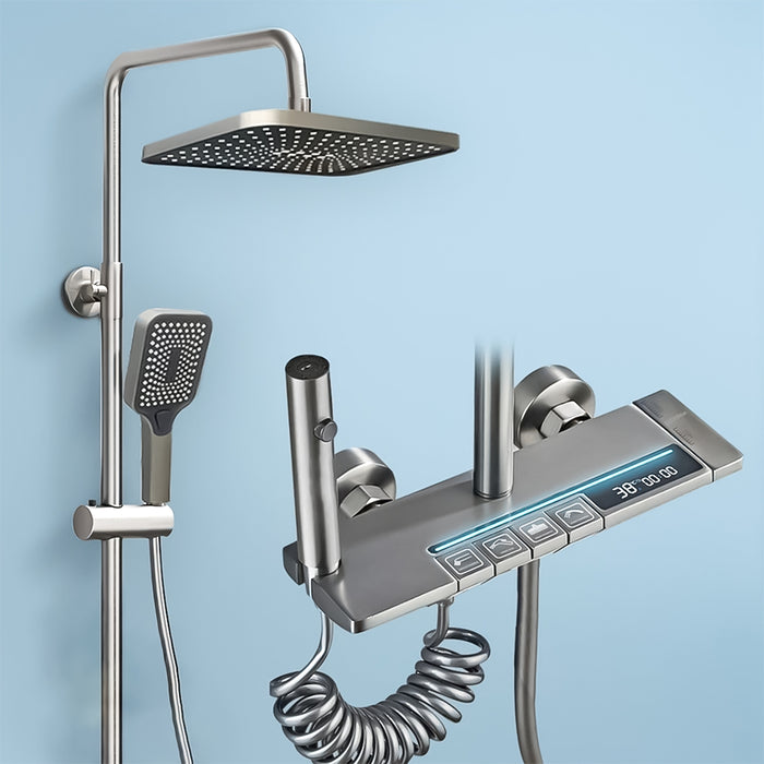 ( طلب مسبق )  شاور سيستم بيانو 4 مخرج الخلاط ليد مضيئ وشاشة 21071 عامود دش بالخلاط اللون جراي مستورد