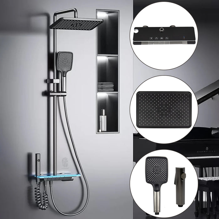 ( طلب مسبق )  شاور سيستم بيانو العمار ايروس 62 جراي × اسود 4 مخرج عامود دش بالخلاط شاشة ديجيتال واضاءة ليد