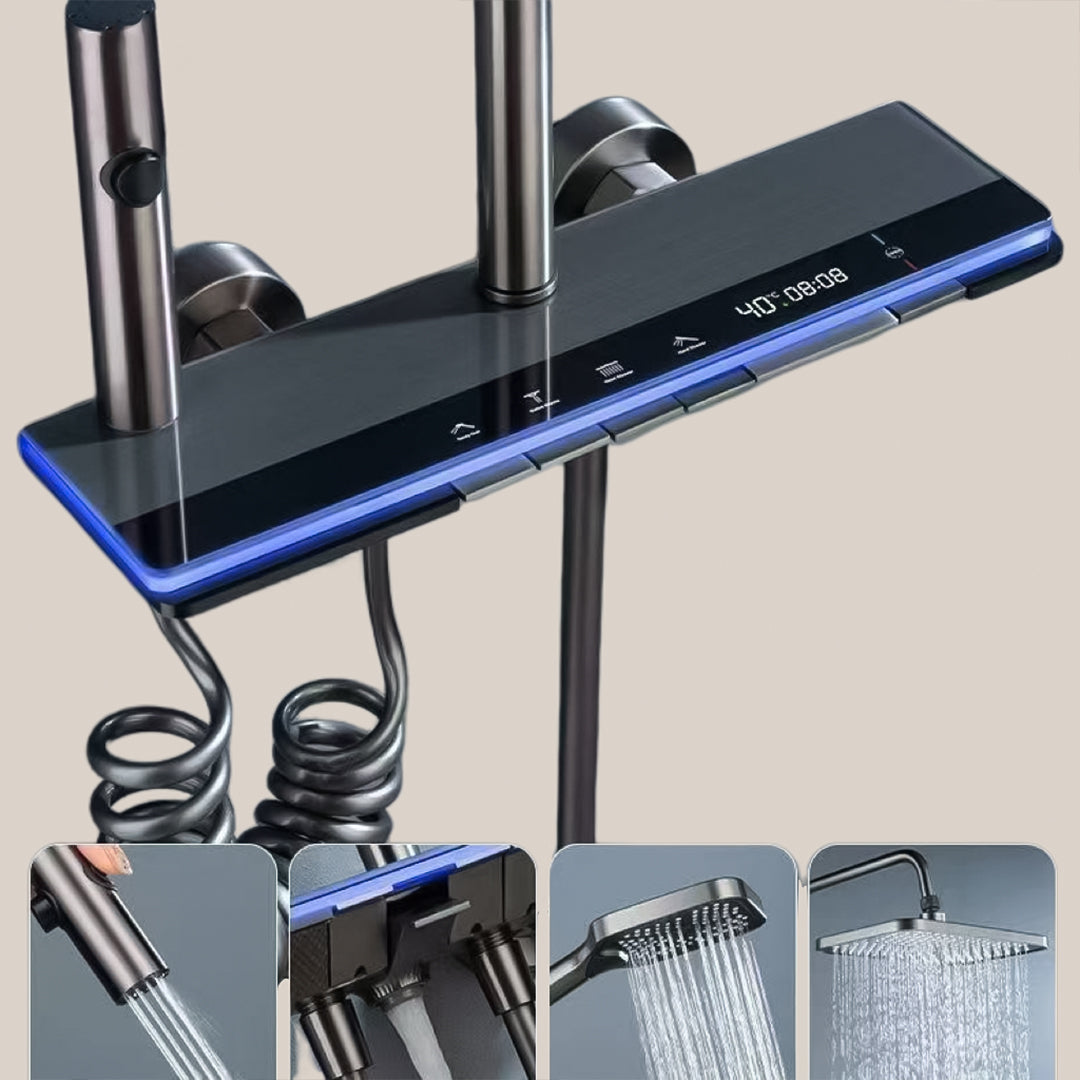 ( طلب مسبق )  شاور سيستم بيانو العمار ايروس 61 جراي × اسود 4 مخرج عامود دش بالخلاط شاشة ديجيتال واضاءة ليد