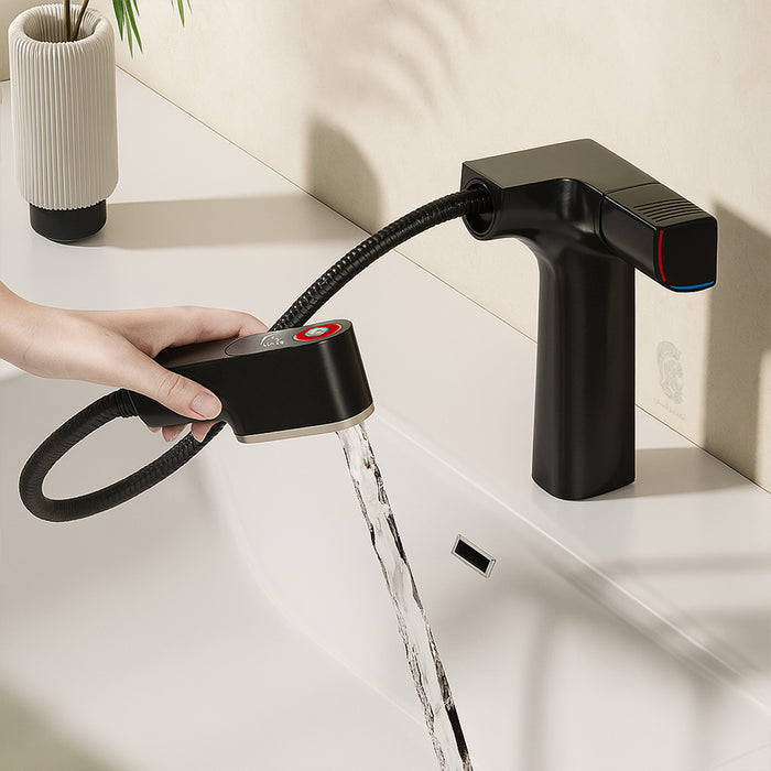 ( طلب مسبق )  خلاط حوض حمام وسط 6002 B اسود بشاشة ديجيتال وسماعة بخرطوم شداد 3 انظمة لنزول المياة