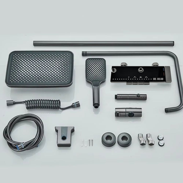 ( طلب مسبق )  شاور سيستم بيانو 4 مخرج الخلاط ليد مضيئ وشاشة 41038 عامود دش بالخلاط اللون جراي مستورد