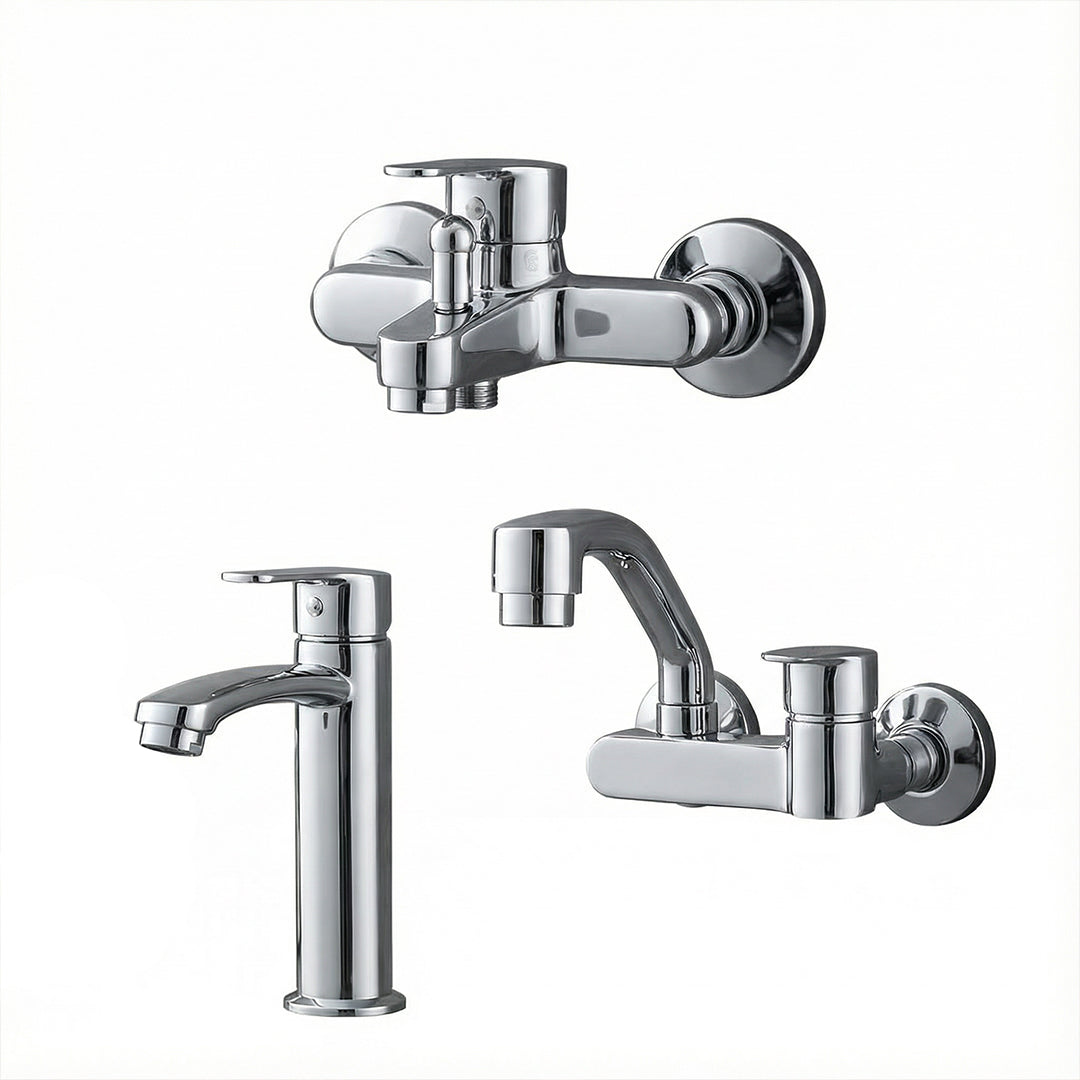 طقم خلاط 3 قطع سفنكس عبده حنفية ساير (خلاط حوض S7 وخلاط بانيو S1 وخلاط مطبخ حائطي S6) كروم