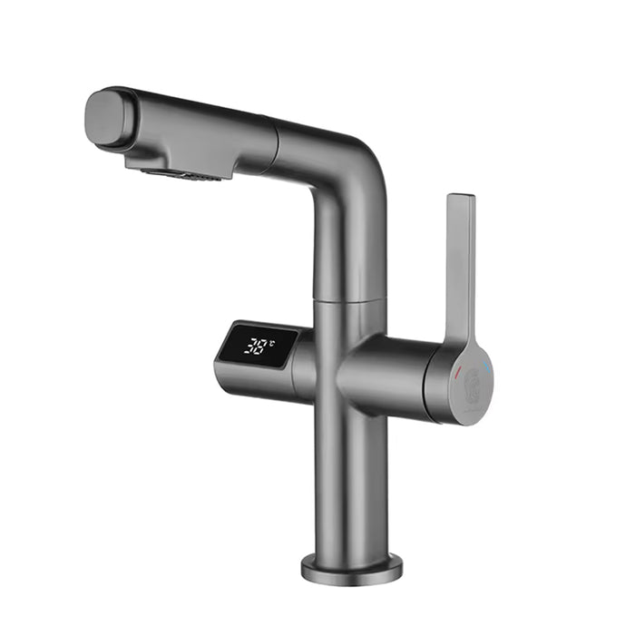 ( طلب مسبق )  خلاط حوض حمام عالي 6004 G جراي بشاشة ديجيتال وسماعة بخرطوم شداد 2 نظام لنزول المياة