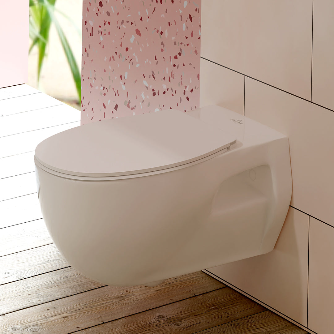 ( طلب مسبق )  مرحاض معلق فيلروي اند بوخ اونوفو 5C31B301 ابيض ريمليس بالسيديلي ذاتي الغلق والمقبض والشطاف الداخلي ومجموعة التثبيت