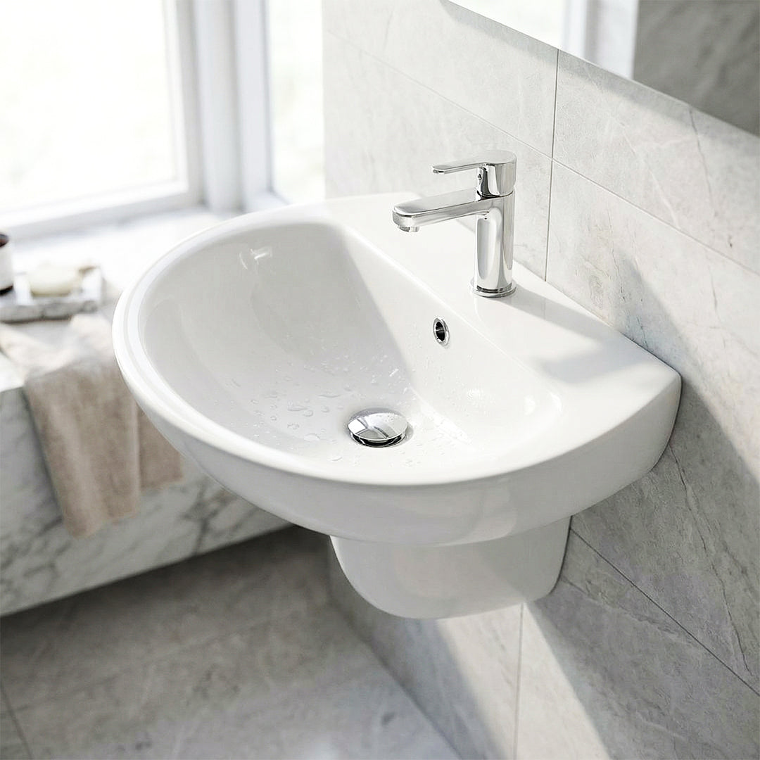 ( طلب مسبق )  حوض حمام بالعامود المعلق ميكافيت انجيلو ابيض 55 سم بمجموعة التثبيت