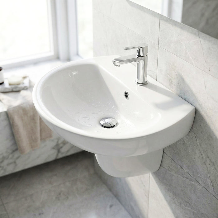 ( طلب مسبق )  حوض حمام بالعامود المعلق ميكافيت انجيلو ابيض 55 سم بمجموعة التثبيت