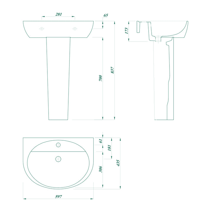 ( طلب مسبق )  حوض بالعامود الطويل ليسيكو جلاكسي FS18501B ابيض 60 سم