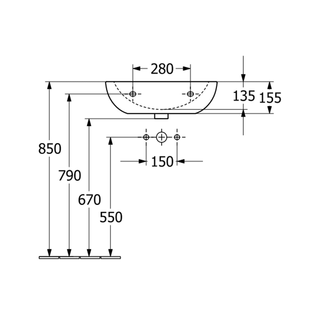 ( طلب مسبق )  حوض حمام بالعامود المعلق فيلروي اند بوخ اونوفو 5A385501 ابيض 55 سم بمجموعة التثبيت