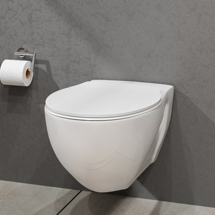 ( طلب مسبق )  مرحاض معلق فيلروي اند بوخ اونوفو 5C31B301 ابيض ريمليس بالسيديلي ذاتي الغلق والمقبض والشطاف الداخلي ومجموعة التثبيت