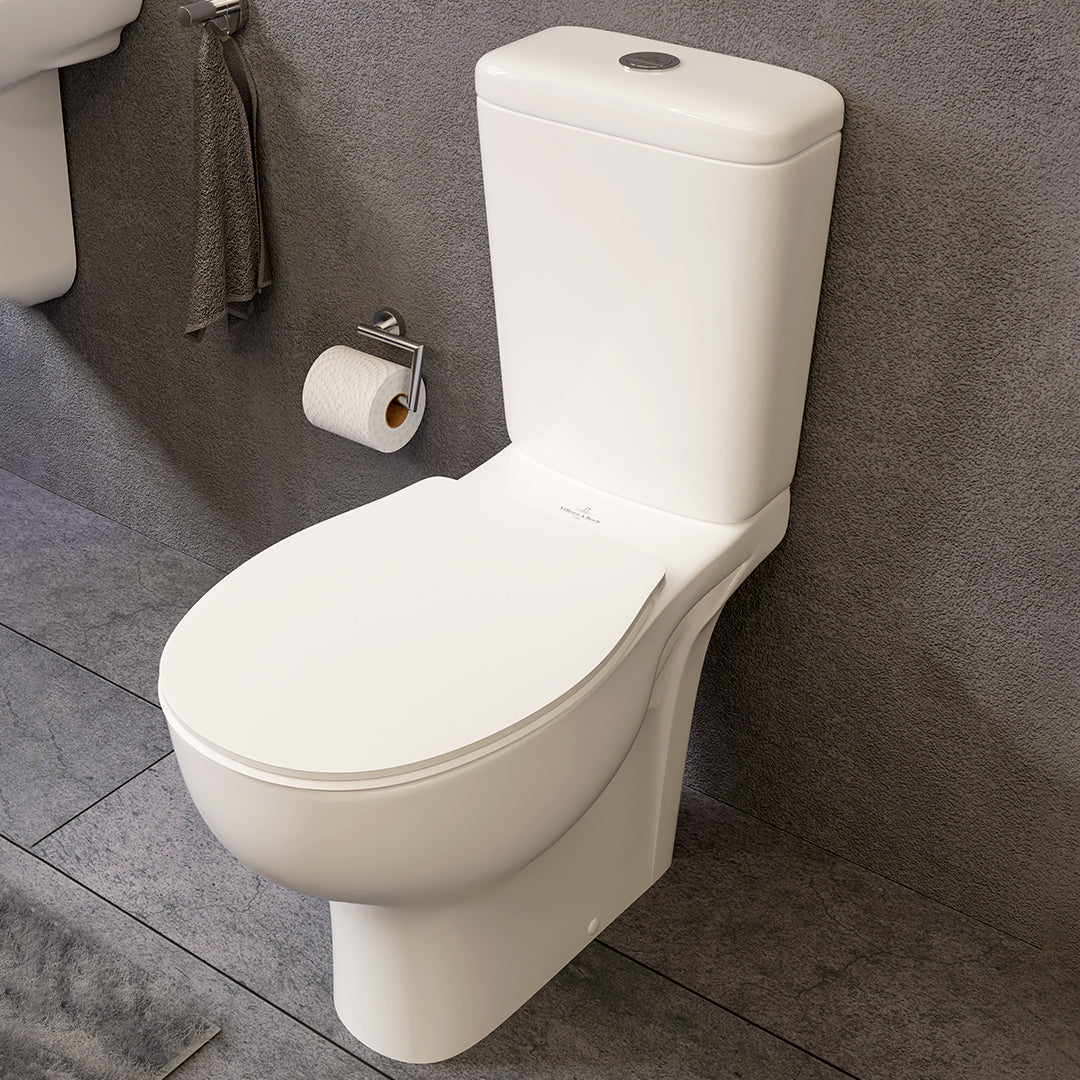 ( طلب مسبق )  مرحاض ارضي فيلروي اند بوخ اونوفو 5C30B301 ابيض ريمليس بالسيديلي ذاتي الغلق والخزان بالعدة والمقبض والشطاف الداخلي ومجموعة التثبيت