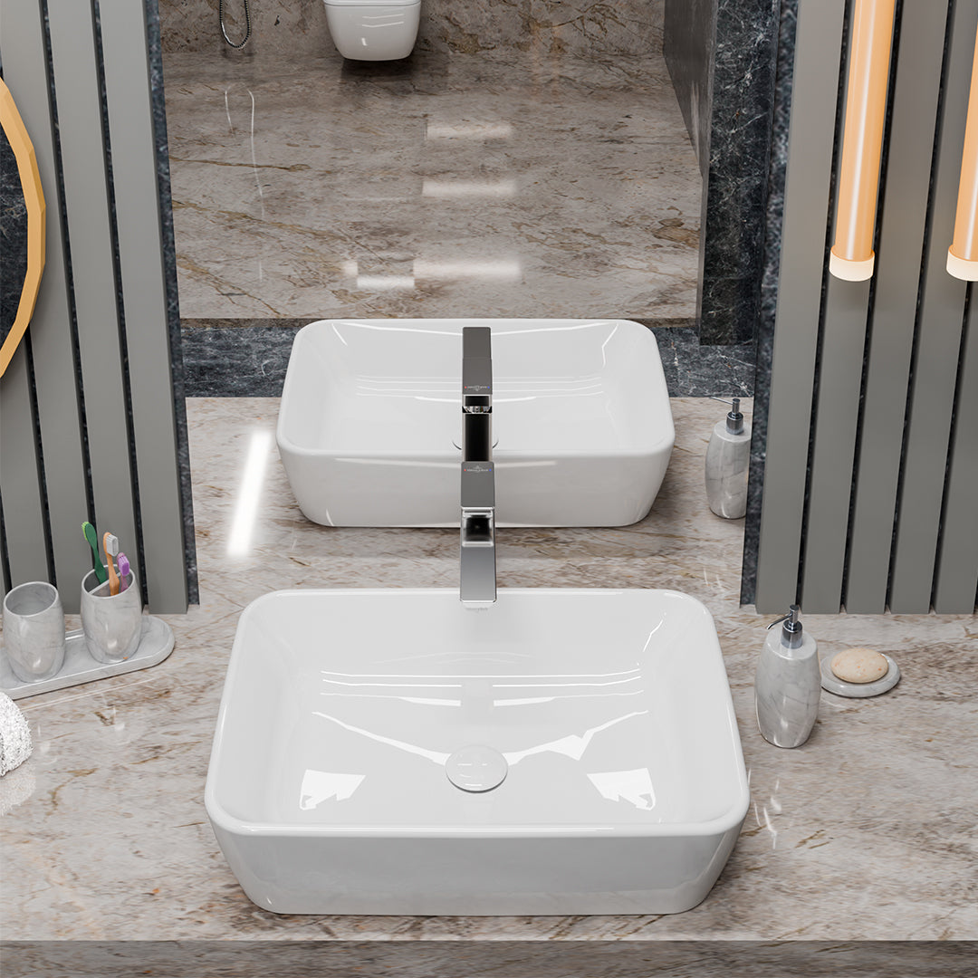 ( طلب مسبق )  حوض فوق الرخامة فيلروي اند بوخ فانتيشللو 5A536301 ابيض لامع 60 سم بمجموعة التثبيت