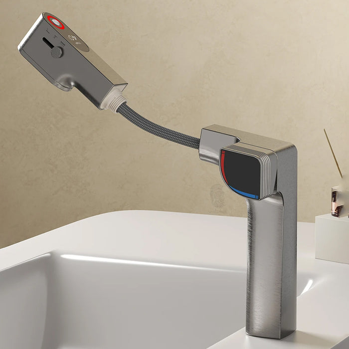 خلاط حوض حمام وسط 6002 G جراي بشاشة ديجيتال وسماعة بخرطوم شداد 3 انظمة لنزول المياة