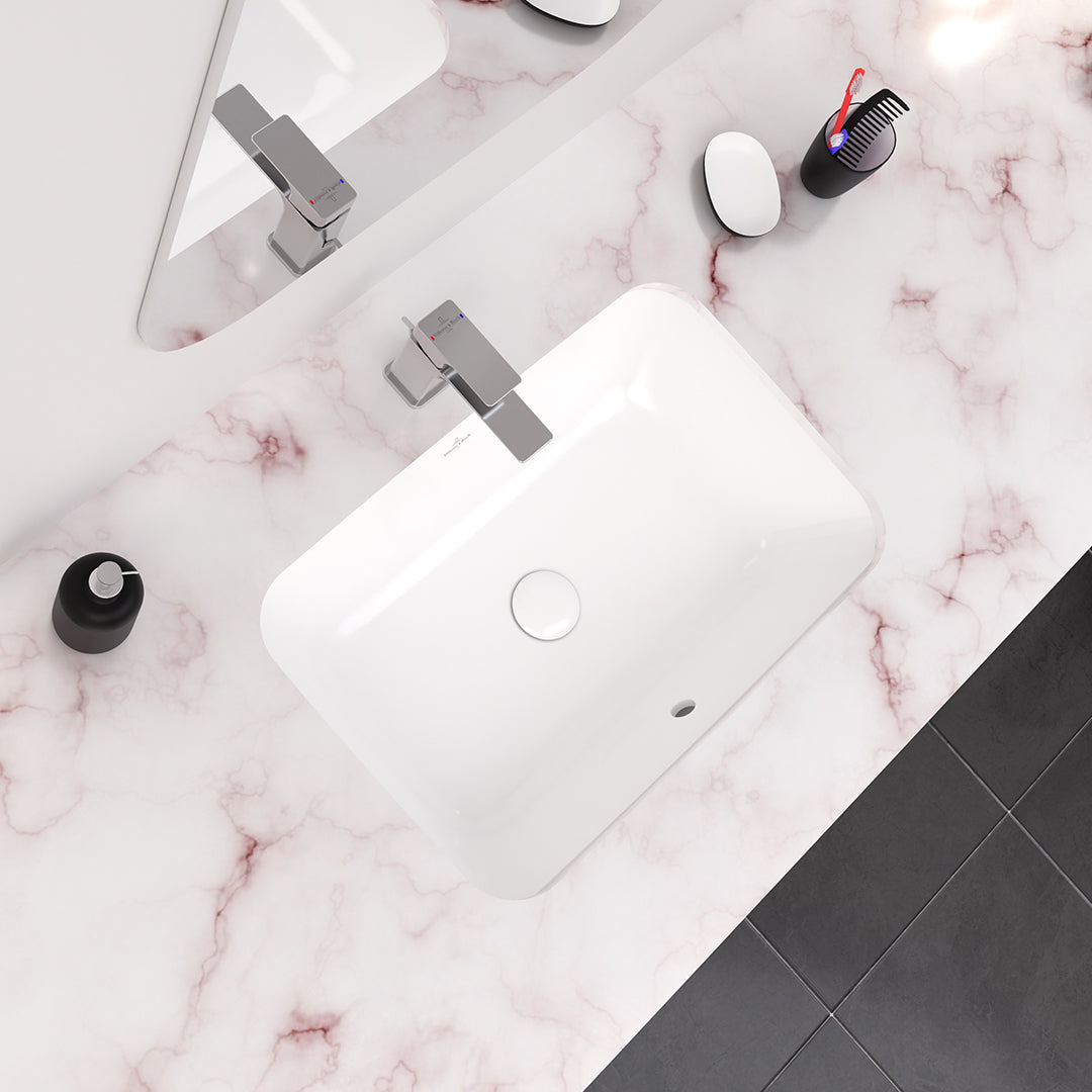 ( طلب مسبق )  حوض تحت الرخامة فيلروي اند بوخ فانتيشللو 5A495701 ابيض لامع 63 سم بمجموعة التثبيت