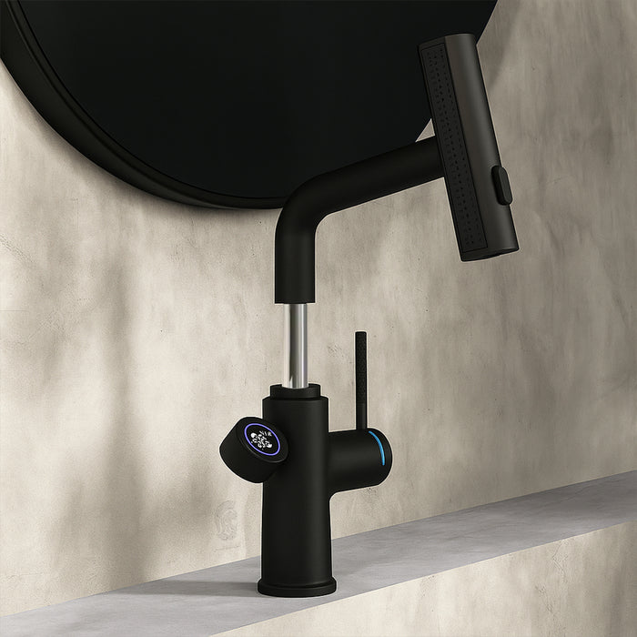 ( طلب مسبق )  خلاط حوض حمام عالي 6003 B اسود بشاشة ديجيتال وسماعة بخرطوم شداد 3 انظمة لنزول المياة