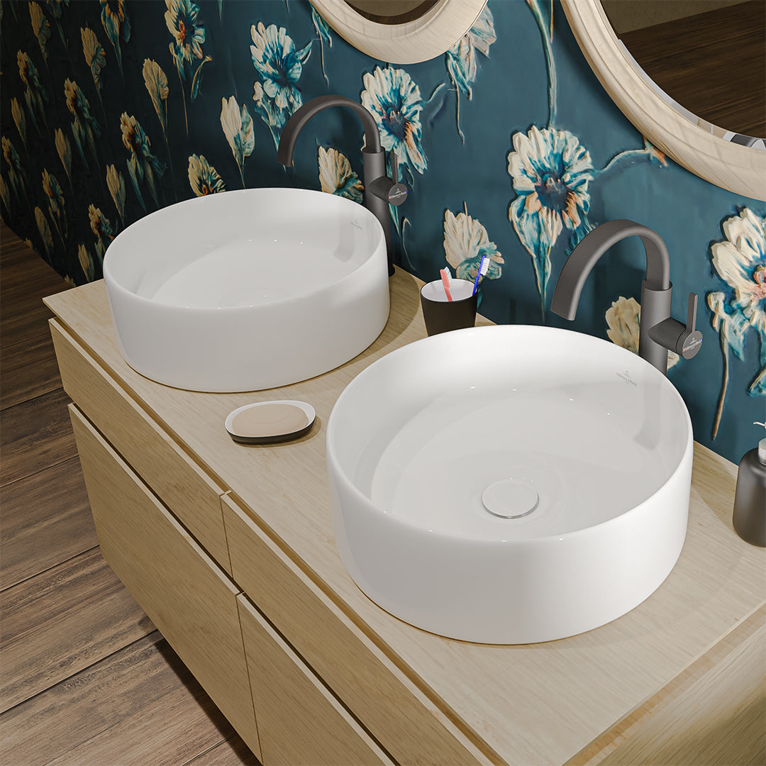 ( طلب مسبق )  حوض فوق الرخامة فيلروي اند بوخ سبواي 5A434401 ابيض لامع 44 سم بمجموعة التثبيت