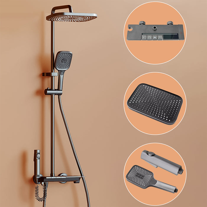 ( طلب مسبق )  شاور سيستم بيانو 4 مخرج الخلاط ليد مضيئ وشاشة 21071 عامود دش بالخلاط اللون جراي مستورد