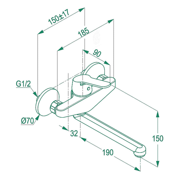 ( طلب مسبق )  خلاط مطبخ حائطي كلودي بيك RAK 18008 كروم قنطرة سفلية 22 سم