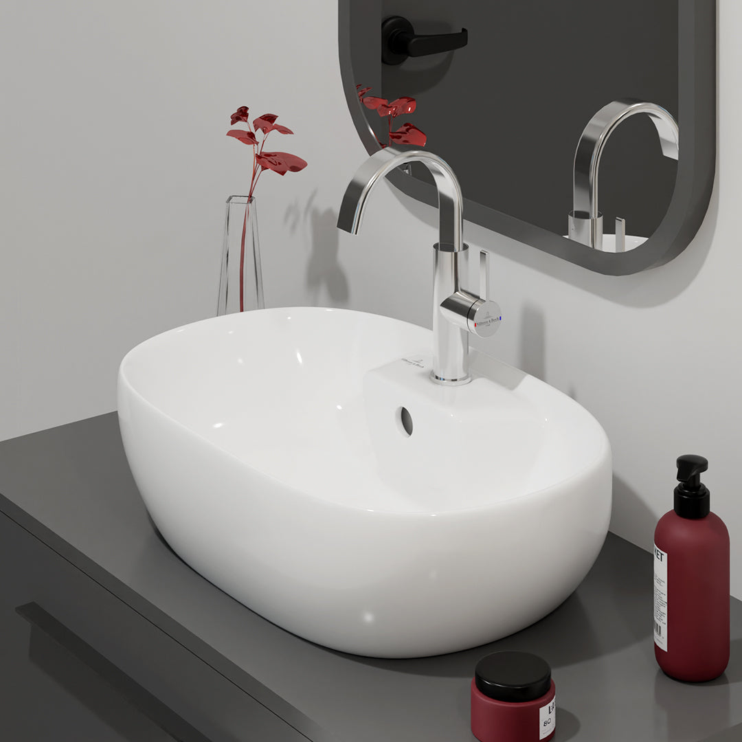 ( طلب مسبق )  حوض فوق الرخامة فيلروي اند بوخ افينتو 5A466001 ابيض لامع 59 سم بمجموعة التثبيت