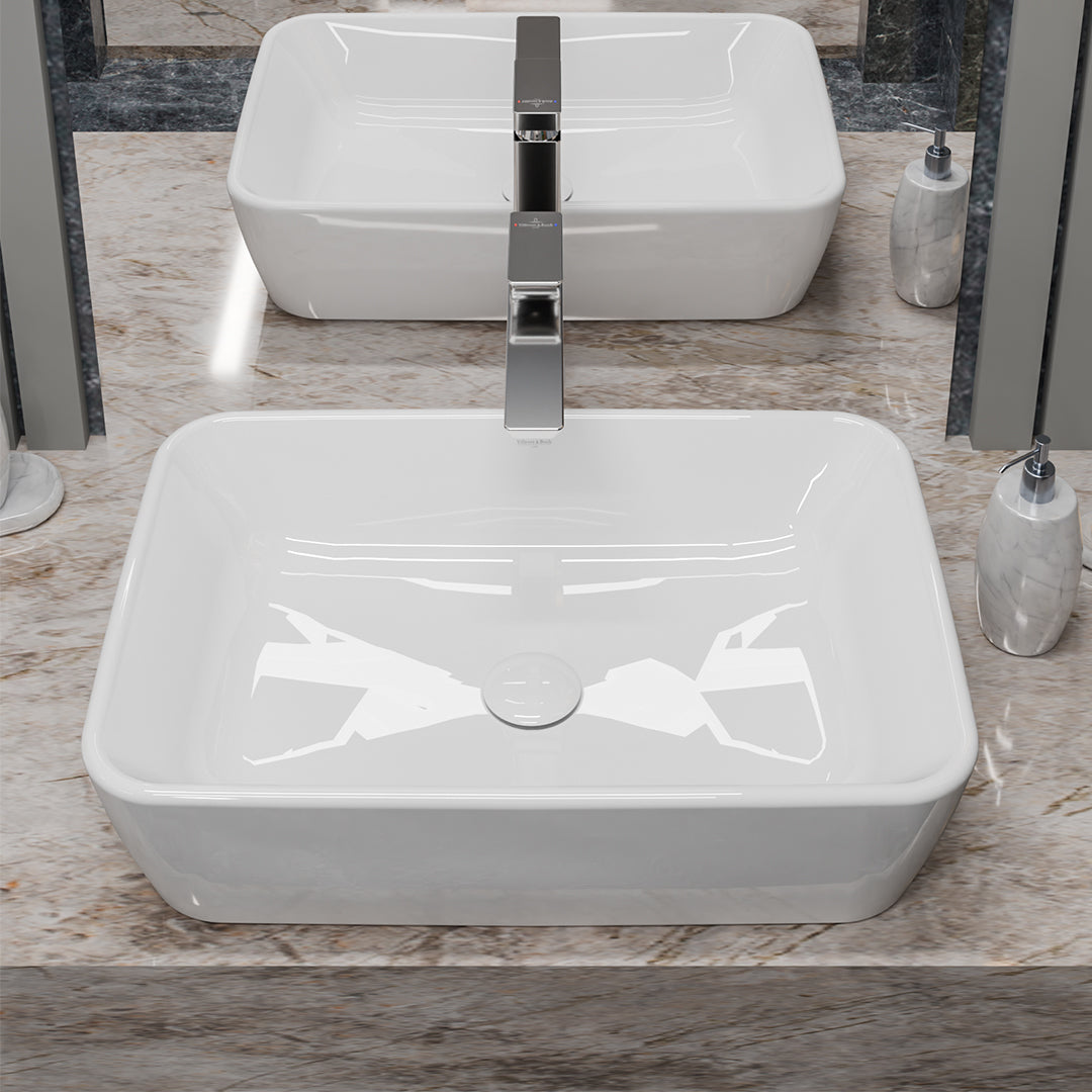 ( طلب مسبق )  حوض فوق الرخامة فيلروي اند بوخ فانتيشللو 5A536301 ابيض لامع 60 سم بمجموعة التثبيت