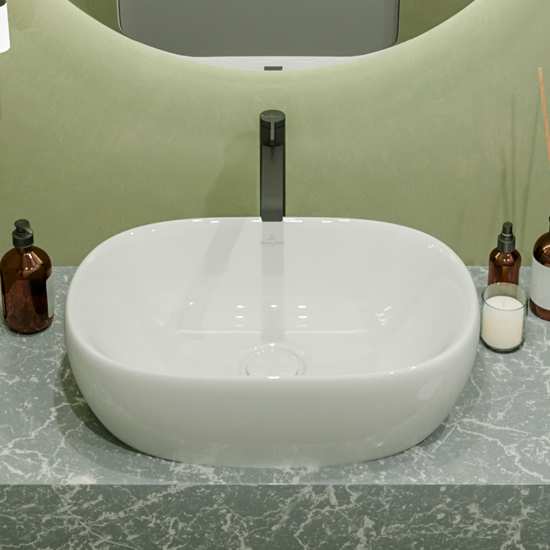 ( طلب مسبق )  حوض فوق الرخامة فيلروي اند بوخ افينتو 5A376301 ابيض لامع 59 سم بمجموعة التثبيت