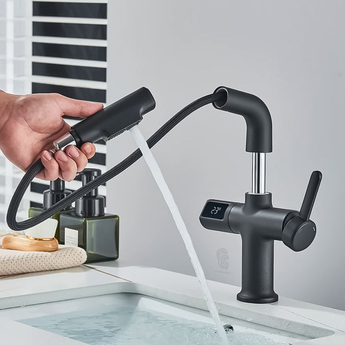 خلاط حوض حمام عالي 6004 B اسود بشاشة ديجيتال وسماعة بخرطوم شداد 2 نظام لنزول المياة