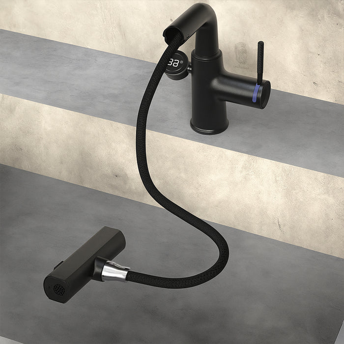 ( طلب مسبق )  خلاط حوض حمام عالي 6003 B اسود بشاشة ديجيتال وسماعة بخرطوم شداد 3 انظمة لنزول المياة